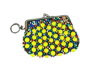 Vintage Beaded Coin Purse: Retro Kiss Lock with Key Ring