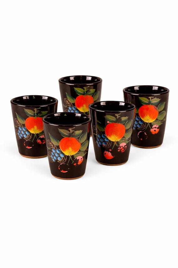 Vintage Redware Stoneware Cups: Hand-Painted Apples, Grapes, Black Background, Rustic Pottery
