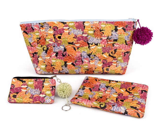 Handmade Quilted Cat Pouches Set | Coin Purse, Makeup Bag, Accessory Bag
