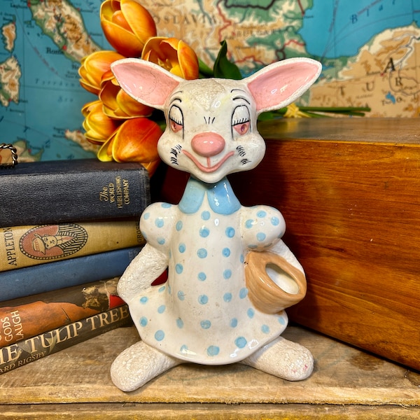 Vtg Hand painted Bunny Rabbit Chalkware Easter Kitschy Figurine Spring Decor Handmade 1960