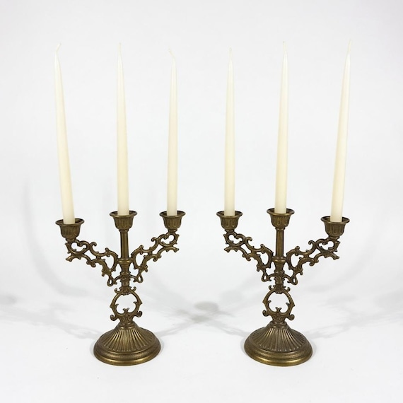 Antique Art Nouveau Brass Candelabra Pair, Ornate 3-Arm Candle Holders (5" Tall)