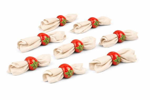 Set of 8 Vintage Hand-Painted Red Wooden Strawberry Napkin Rings | Cottage Kitchen Decor