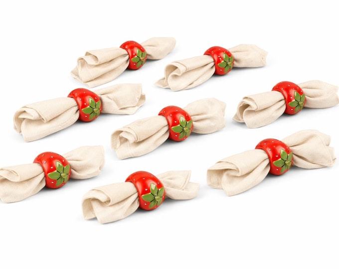 Set of 8 Vintage Hand-Painted Red Wooden Strawberry Napkin Rings | Cottage Kitchen Decor