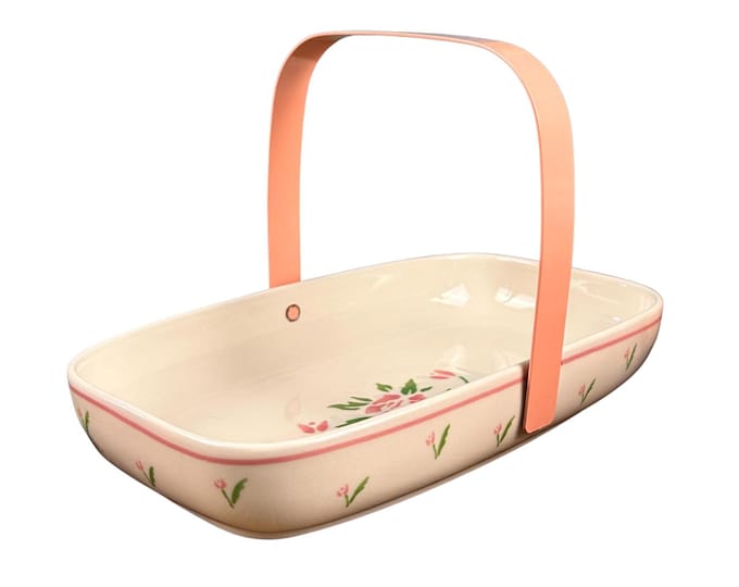 Vintage Telaflora Ceramic Planter Basket, Pink Floral Decor, 1985