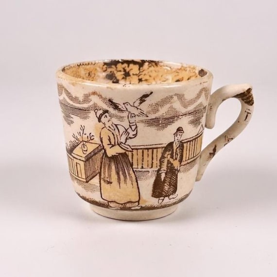 Antique 1840s Timor Chinoiserie Pattern Brown Transferware Copper Luster Cup