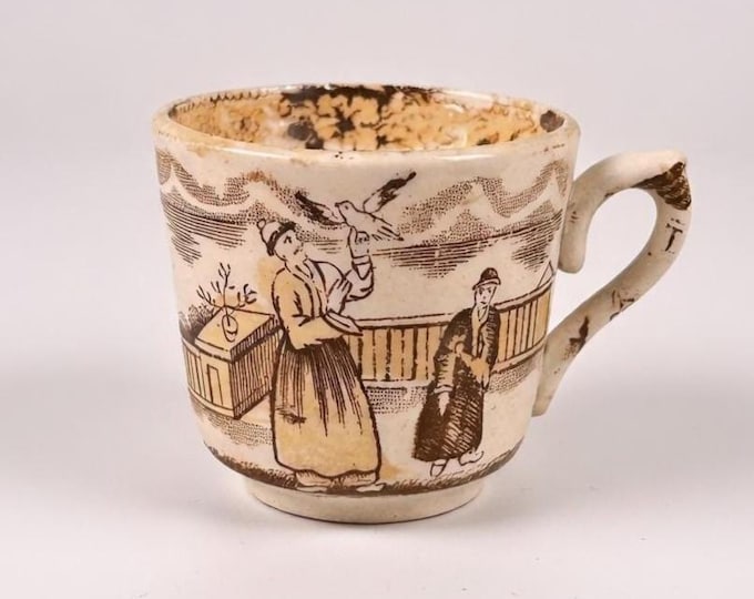 Antique 1840s Timor Chinoiserie Pattern Brown Transferware Copper Luster Cup