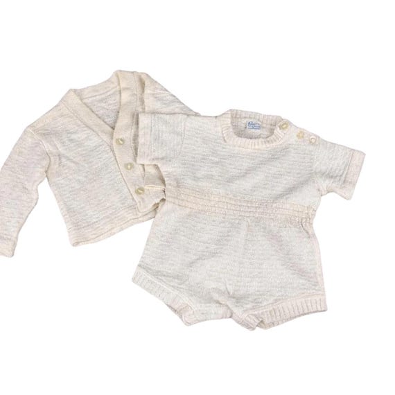 Vintage 1960s White Cotton Ribbed Baby Bodysuit & Cardigan Set