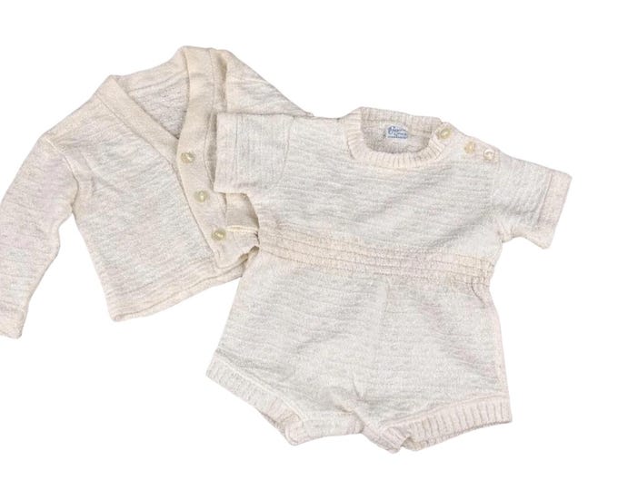 Vintage 1960s White Cotton Ribbed Baby Bodysuit & Cardigan Set