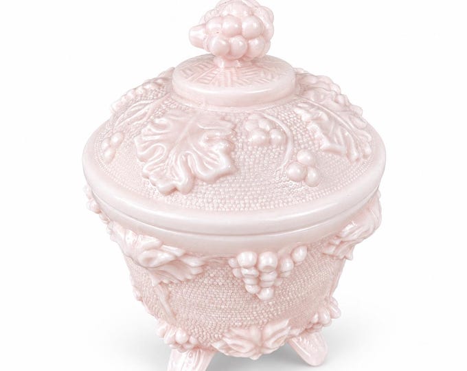 Vintage Jeannette Glass Shell Pink Milk Glass Candy Dish Lidded Footed Grape Leaf 1950s