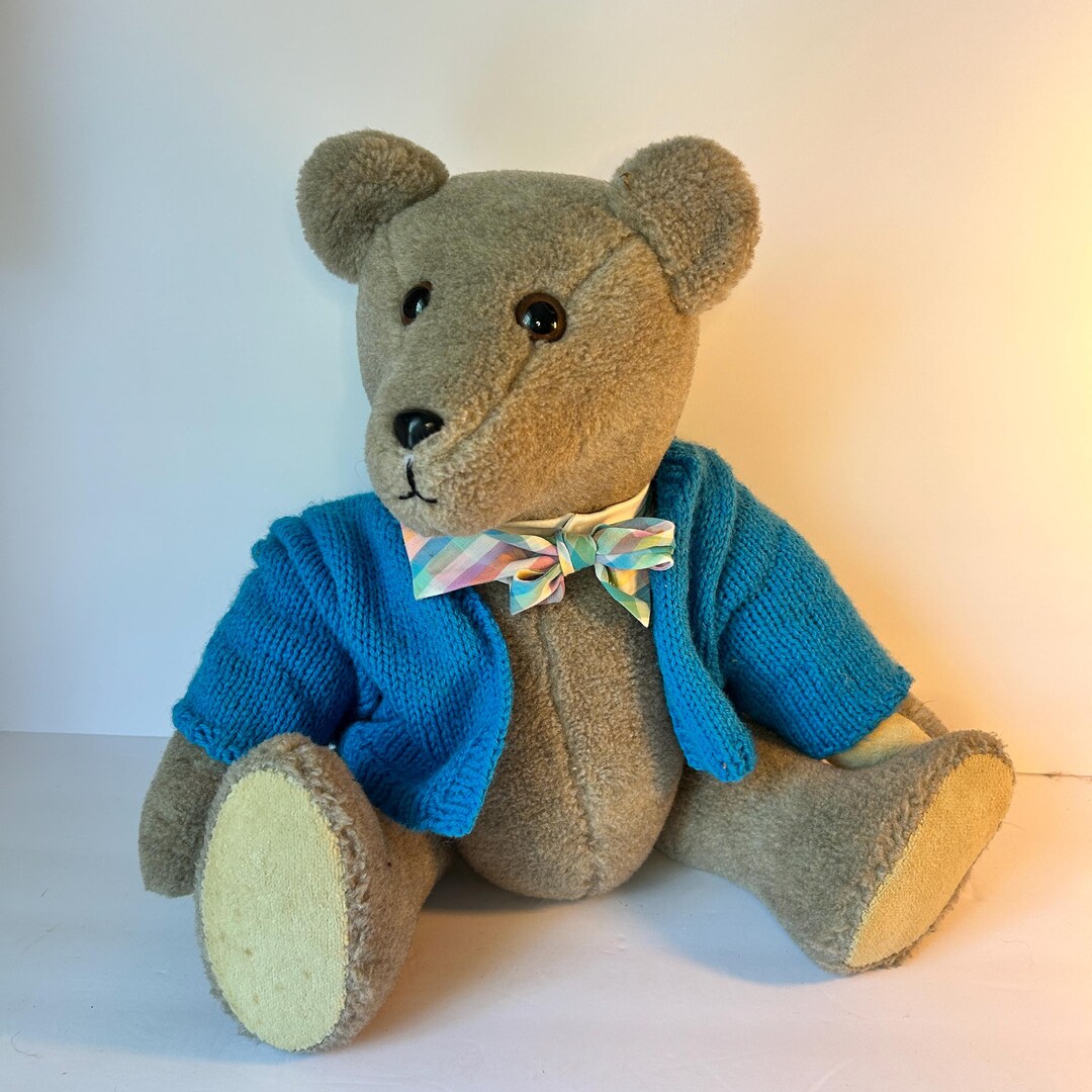 Vintage Large Handmade Teddy Bear With Blue Knit Sweater and Collar and ...