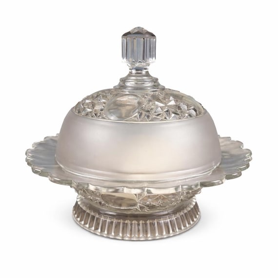 Antique EAPG Pressed Glass Covered Dish | Clear & Frosted Geometric Butter or Candy Dish