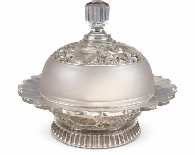 Antique EAPG Pressed Glass Covered Dish | Clear & Frosted Geometric Butter or Candy Dish