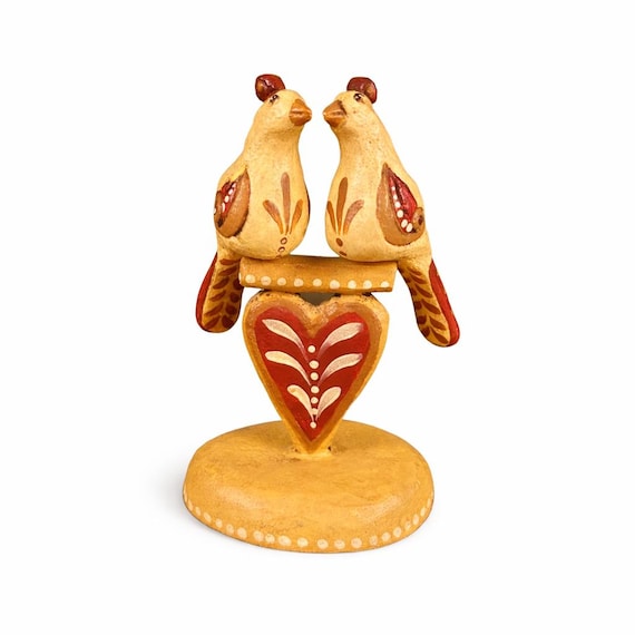 Vintage Hand-Painted Wooden Doves | Folk Art Love Birds Heart Decor