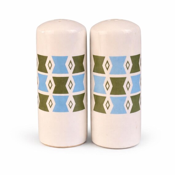 Vintage Harmony House Malibu Salt Pepper Shakers: Blue Green Geometric Ceramic MCM Set