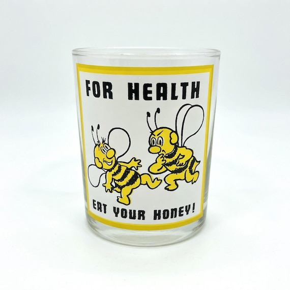 1970s Novelty Whiskey Glass: “For Your Health Eat Your Honey” Retro Barware