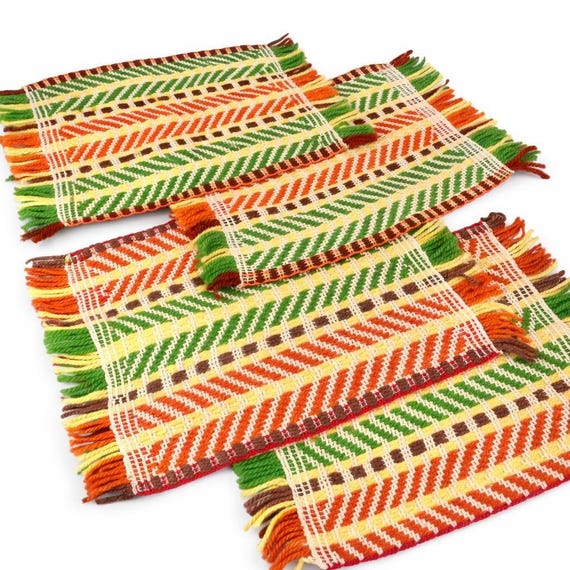 Vintage 70s Woven Fringe Placemats: Groovy Multicolor Set of 4