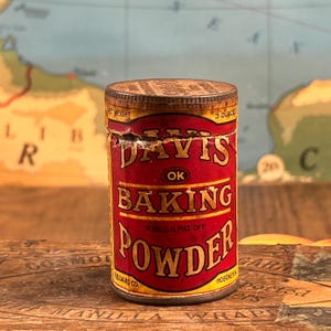 Vintage Davis Baking Powder Advertising Tin Can Container Paper Label Embossed Lid