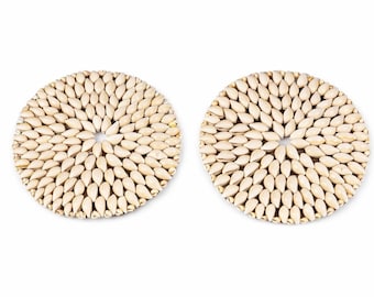 Vintage 1970s Pair Cowrie Round Shell Trivet Hot Plate, Boho, HIppie -Set of 2