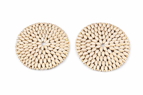 Vintage 1970s Pair Cowrie Round Shell Trivet Hot Plate, Boho, HIppie -Set of 2