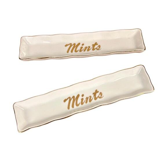 Vintage White Ceramic Mint Dishes: Gold Trim, Mid-Century Decor (Pair)