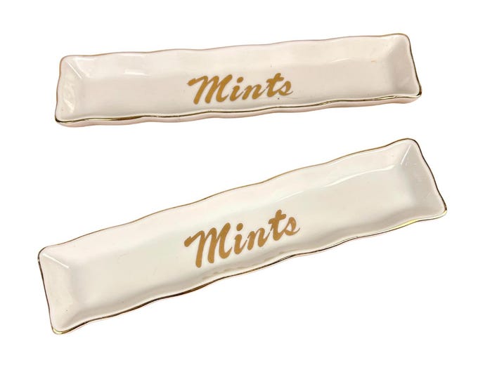 Vintage White Ceramic Mint Dishes: Gold Trim, Mid-Century Decor (Pair)