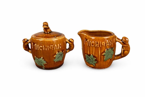 Vintage Michigan Acorn Maple Leaf Sugar Creamer Set – Brown Glaze Demitasse Cottage Decor