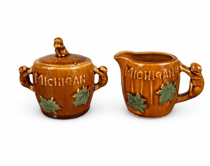 Vintage Michigan Acorn Maple Leaf Sugar Creamer Set – Brown Glaze Demitasse Cottage Decor