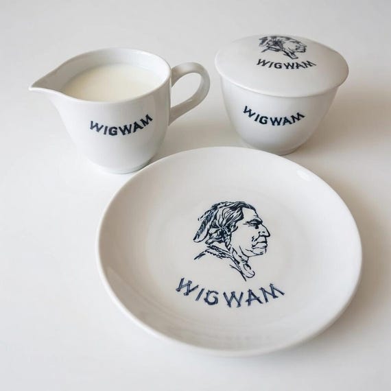 Vintage Wigwam 4 piece Pottery Sugar, Creamer, and Plate Set