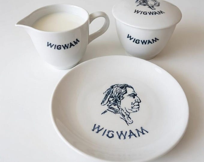 Vintage Wigwam 4 piece Pottery Sugar, Creamer, and Plate Set