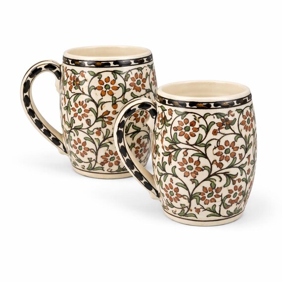 Vintage Hand Painted Turkish Pottery Mugs, Floral Folk Art, Set of 2