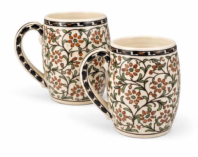 Vintage Hand Painted Turkish Pottery Mugs, Floral Folk Art, Set of 2