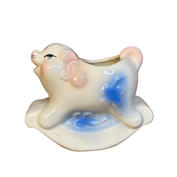 Vintage USA Pig Rocker Planter Blue Pink Ceramic Nursery