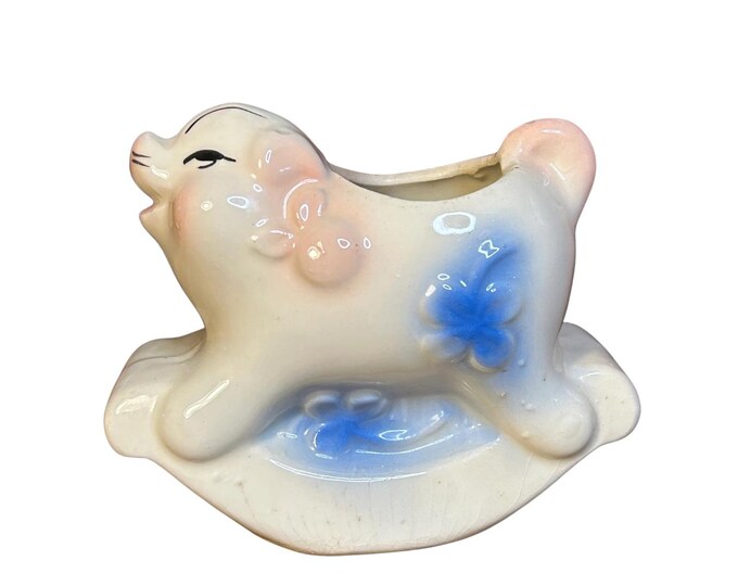 Vintage USA Pig Rocker Planter Blue Pink Ceramic Nursery