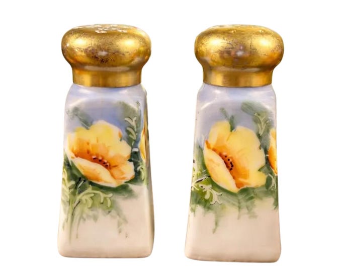 Poppy Salt and Pepper Shakers Satin Finish Porcelain Vintage Hand-Painted Floral
