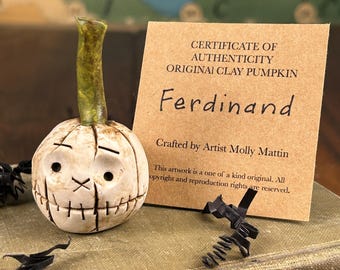 Hand-Crafted Clay Pumpkin Figurine: 'FERDINAND' - Fall Halloween Decor Fall w/Certificate of Authenticity