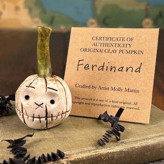 Hand-Crafted Clay Pumpkin Figurine: 'FERDINAND' - Fall Halloween Decor Fall w/Certificate of Authenticity