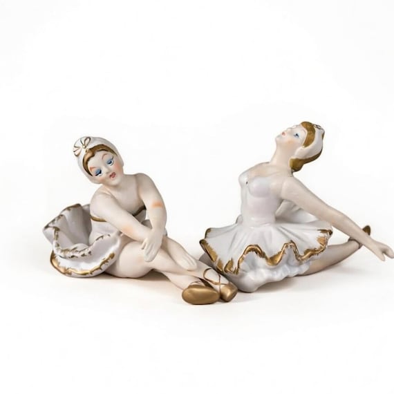 Pair of Vintage Porcelain Ballerina Figures 1950s Dresden Style Matte Finish