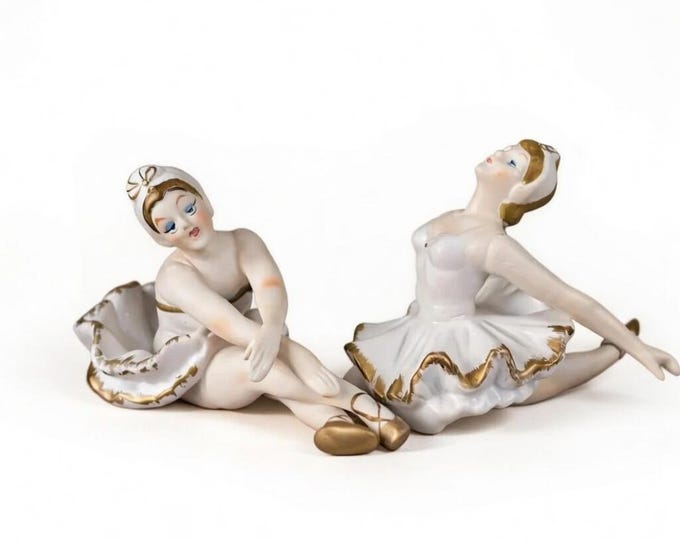 Pair of Vintage Porcelain Ballerina Figures 1950s Dresden Style Matte Finish