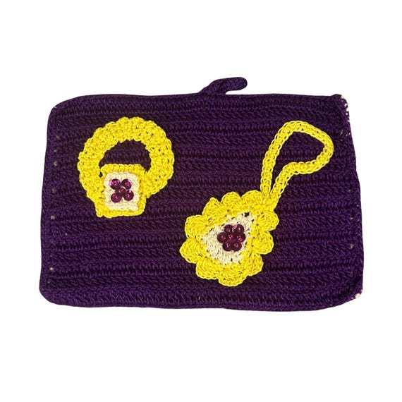 Vintage 60s Ring and Necklace Purple Hotpad | Kitschy Crochet Pot Holder Wall Decor