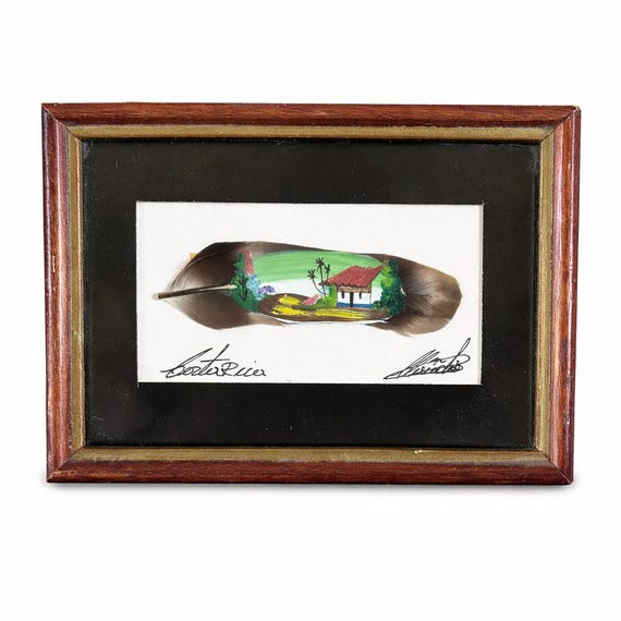 Vintage Signed Feather Art: Costa Rican Beach House Painting