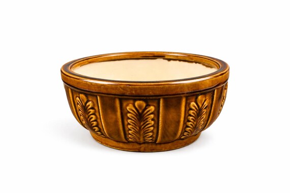 Vintage Brown Leaf Geometric Design Ceramic Planter From Vietnam 10" diameter