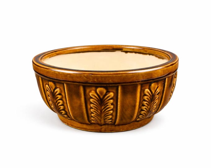 Vintage Brown Leaf Geometric Design Ceramic Planter From Vietnam 10" diameter