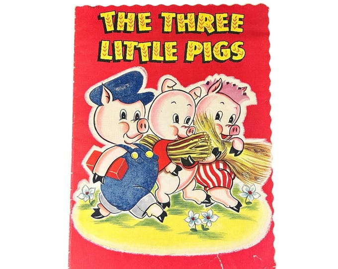 VTG RARE 1951 The Three Little Pigs LARGE Linen Textured Paper Children's Book Whitman Publishing