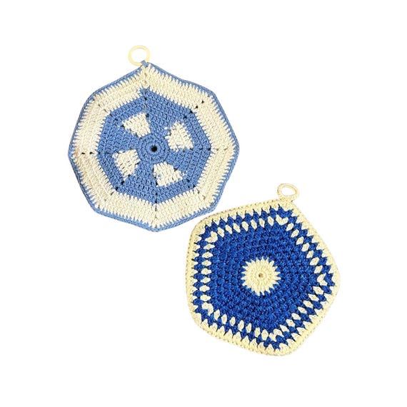VTG Hand Crocheted Blue w White Potholders Trivets Vintage Kitchen Decor Cottage Kitsch 50s