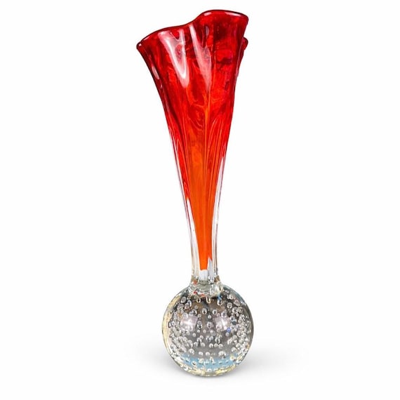 Mid Century Murano Style Art Glass Vase, Fluted Frilled Rim, Blood Orange Weighted Glass