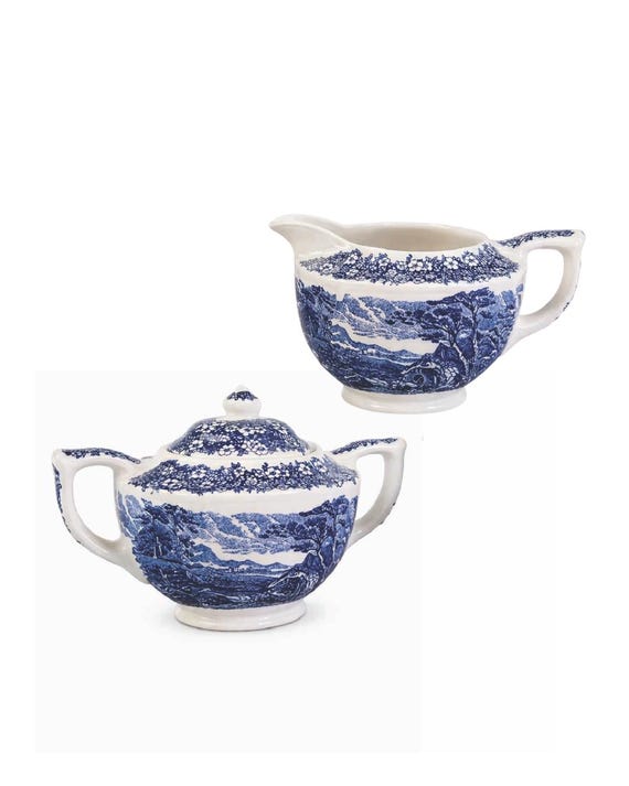 Vintage James Sadler Sugar Bowl Creamer Set, Blue White Transferware England