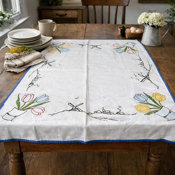 Vintage Embroidered Linen Tablecloth: Dutch Tulips & Windmills