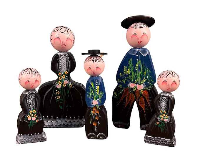 Vintage Hand-Painted Wooden Peg Dolls – German Folk Art Set of 5