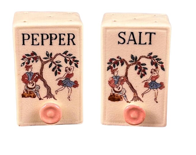 Vintage 40s Ceramic Salt And Pepper Shakers Set - Made in Japan - Dancer and Instrument