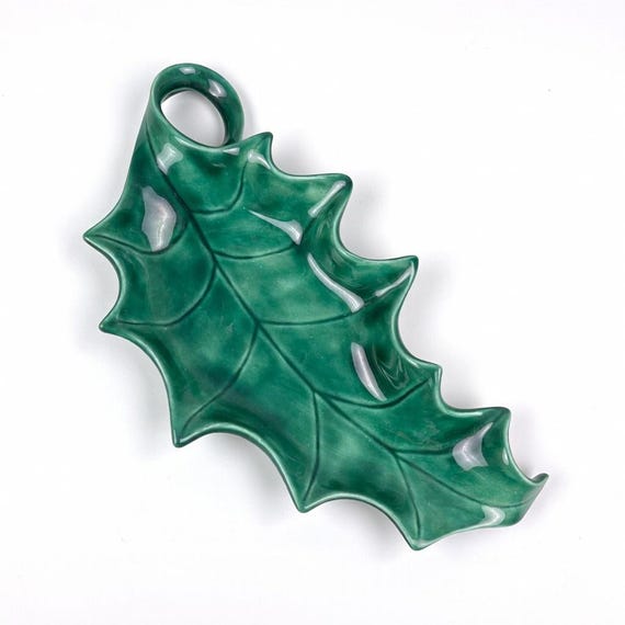 Vintage Green Holly Leaf Candy Dish | 1970s Ceramic Holiday Serving Bowl | Holland Mold Style